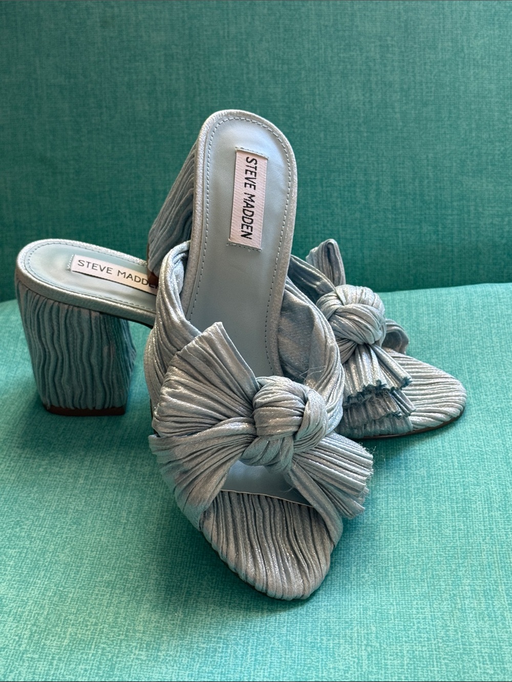 Steve Madden Light Blue Knotted Pleated Block Heel Mules